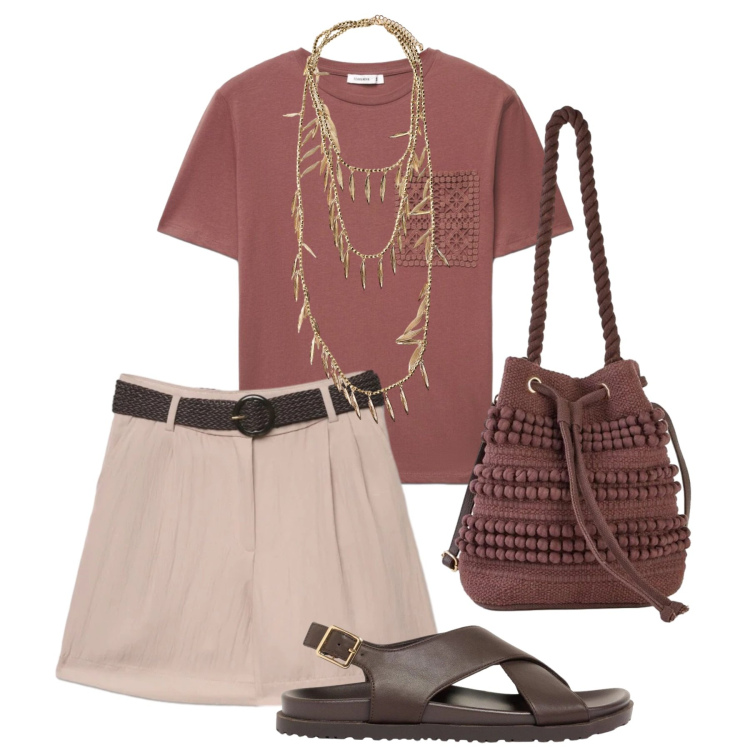 Outfit donna - Total look #2426763. Stile Basic per Tutti i giorni. Abbinamento con sandali in pelle, borse a secchiello, t-shirt, bermuda, collane.