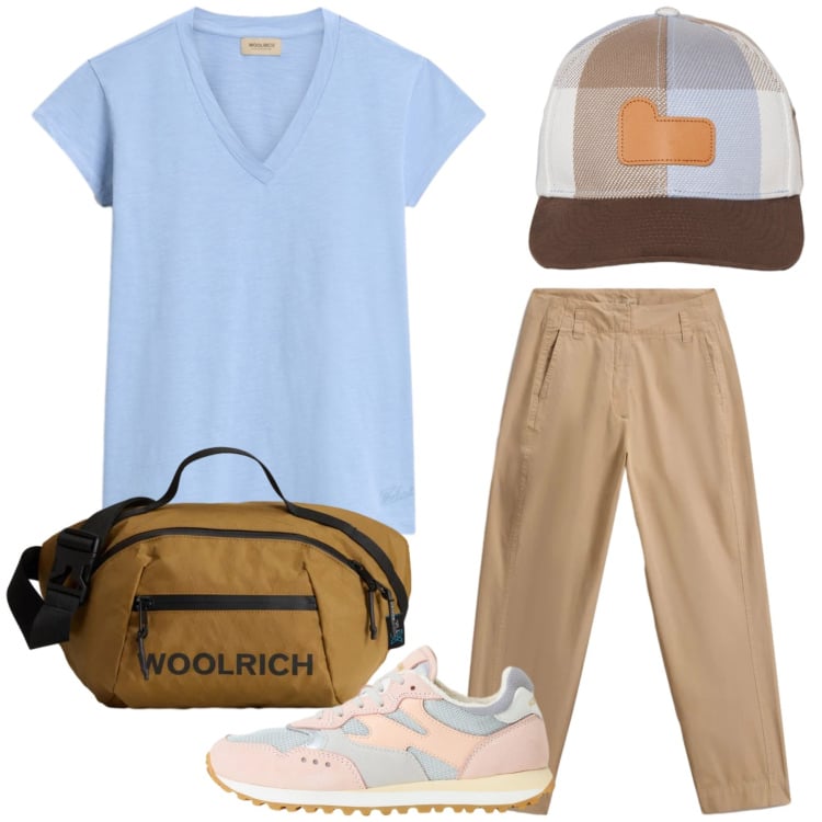 Outfit donna - Total look #2426768. Stile Casual chic per Tutti i giorni. Abbinamento con pantaloni, borse a tracolla, cappelli con visiera, sneakers, t-shirt.