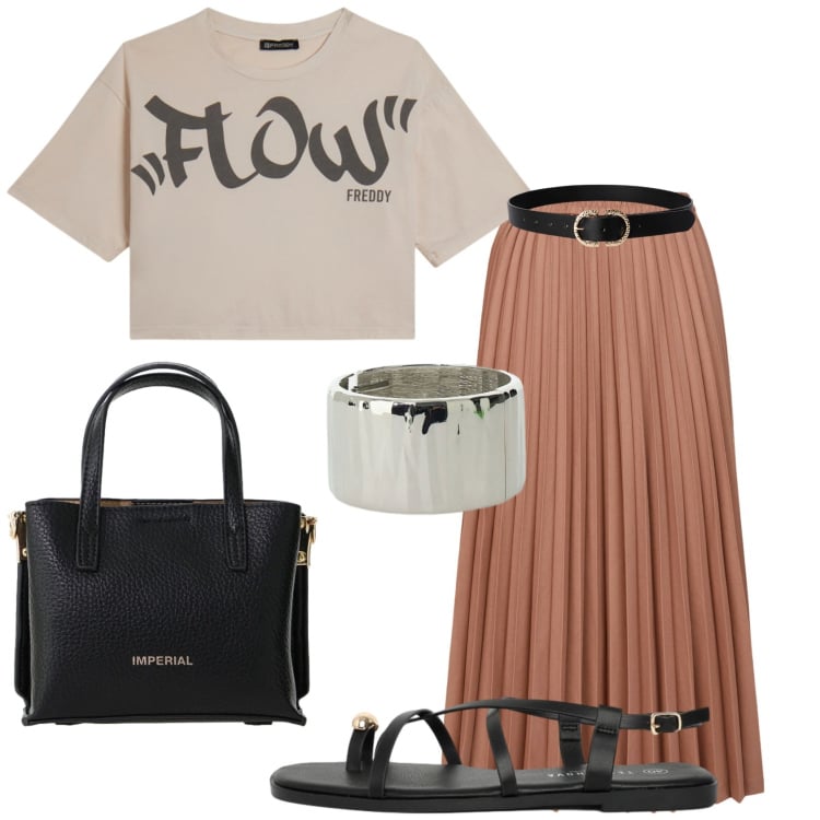 Outfit donna - La gonna plissettata. Stile Glamour per Tutti i giorni. Abbinamento con sandali, cinture, t-shirt, minigonne, borse a tracolla, braccialetti.