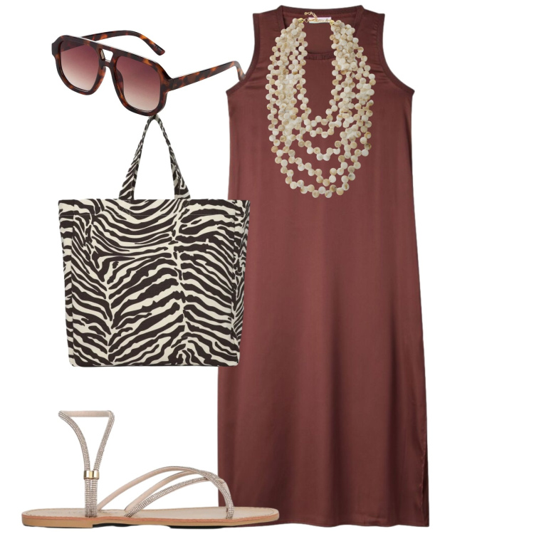 Outfit donna - Giugno. Stile Casual chic per Tutti i giorni. Abbinamento con occhiali da sole, vestiti midi/longuette, sandali, shopping bag, collane.