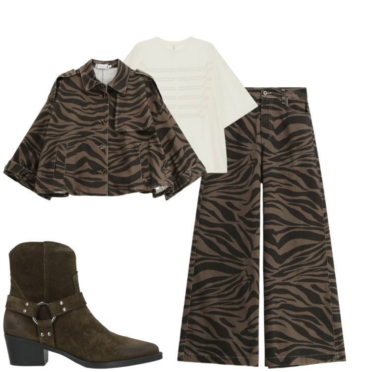 Outfit donna - Please. Stile Casual chic per Serata fuori. Abbinamento con stivaletti texani, t-shirt, pantaloni a palazzo, blazer.