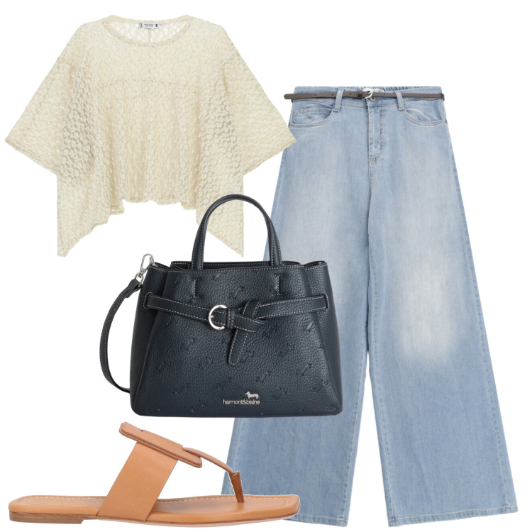 Outfit donna - City. Stile Casual chic per Tutti i giorni. Abbinamento con ciabatte, jeans, top, borse a mano.