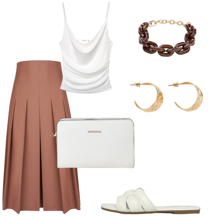 Outfit donna - Semplice ed elegante. Stile Casual per Tutti i giorni. Abbinamento con braccialetti, orecchini, canottiere, ciabatte, gonne longuette, borse a tracolla.