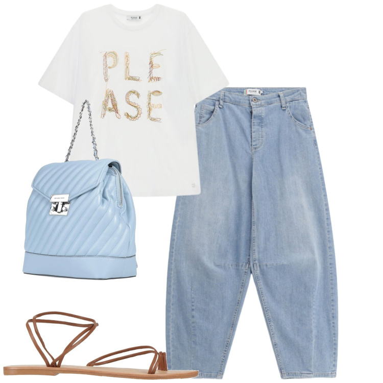Outfit donna - City. Stile Casual per Tutti i giorni. Abbinamento con zaini, ciabatte, t-shirt, jeans.