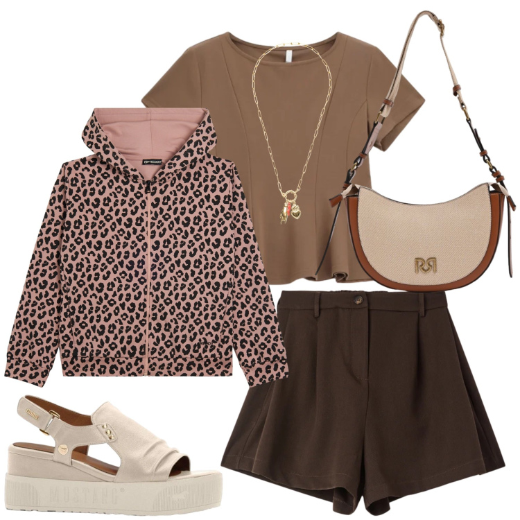 Outfit donna - Total look #2426778. Stile Casual chic per Tutti i giorni. Abbinamento con sandali, shorts, borse a tracolla, top, ciondoli, felpe con cappuccio.