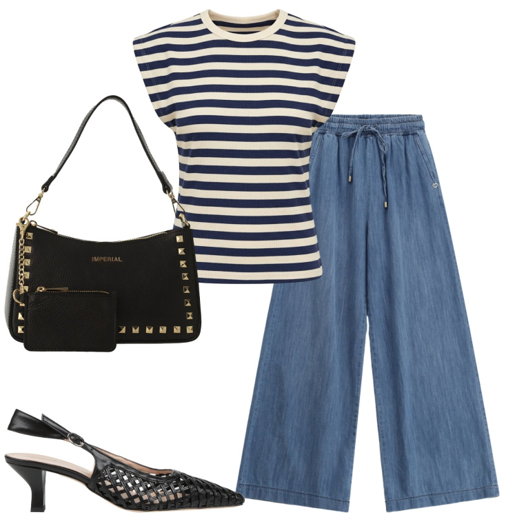 Outfit donna - Giugno. Stile Casual chic per Tutti i giorni. Abbinamento con décolleté, t-shirt, borse a spalla, jeans.