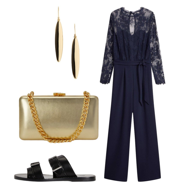 Outfit donna - Nero e oro per la serata. Stile Glamour per Serata fuori. Abbinamento con tute, clutch, sandali in pelle, orecchini.
