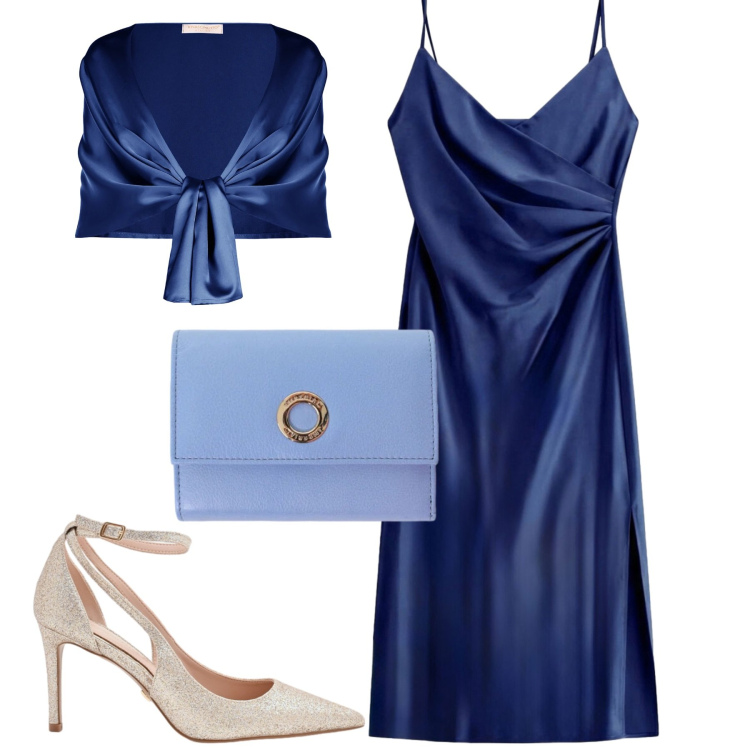 Outfit donna - Serata in blu. Stile Chic per Serata fuori. Abbinamento con décolleté, stole, portafogli, vestiti midi/longuette.