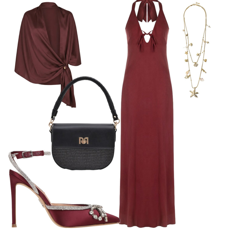 Outfit donna - Serata. Stile Chic per Serata fuori. Abbinamento con décolleté, vestiti lunghi, stole, borse a spalla, collane.