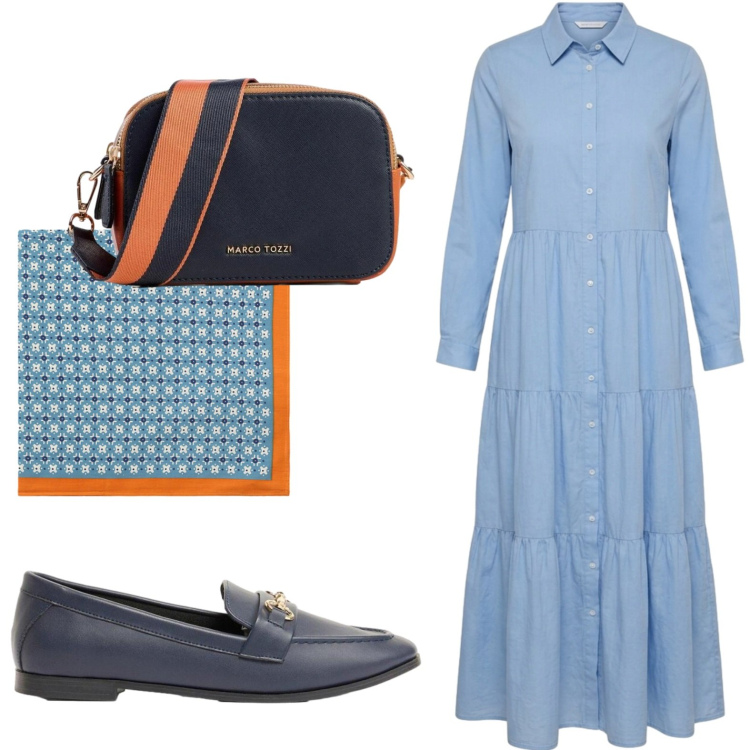 Outfit donna - Chemisier. Stile Casual per Tutti i giorni. Abbinamento con borse a tracolla, mocassini, vestiti chemisier, foulard.