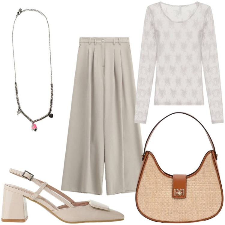 Outfit donna - Total look #2426830. Stile Minimal per Ufficio. Abbinamento con borse a spalla, top, décolleté, pantaloni a palazzo, ciondoli.
