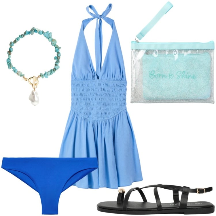 Outfit donna - Total look #2426837. Stile Trendy per Mare. Abbinamento con bikini, pochette, tuta corta, sandali, braccialetti.