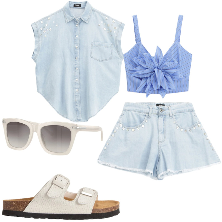 Outfit donna - Summer Sale Style. Stile Casual chic per Mare. Abbinamento con shorts, top, camicie, occhiali da sole, sandali in pelle.