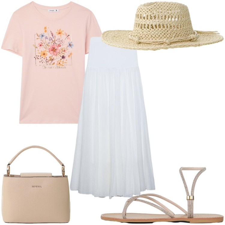 Outfit donna - Total look #2426857. Stile Romantica per Tutti i giorni. Abbinamento con gonne lunghe, t-shirt, sandali, borse a secchiello, cappelli.