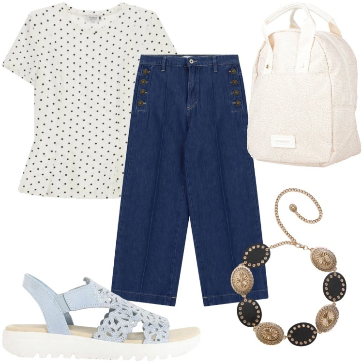 Outfit donna - Total look #2426861. Stile Trendy per Tutti i giorni. Abbinamento con zaini, sandali col tacco, cinture, jeans, t-shirt.