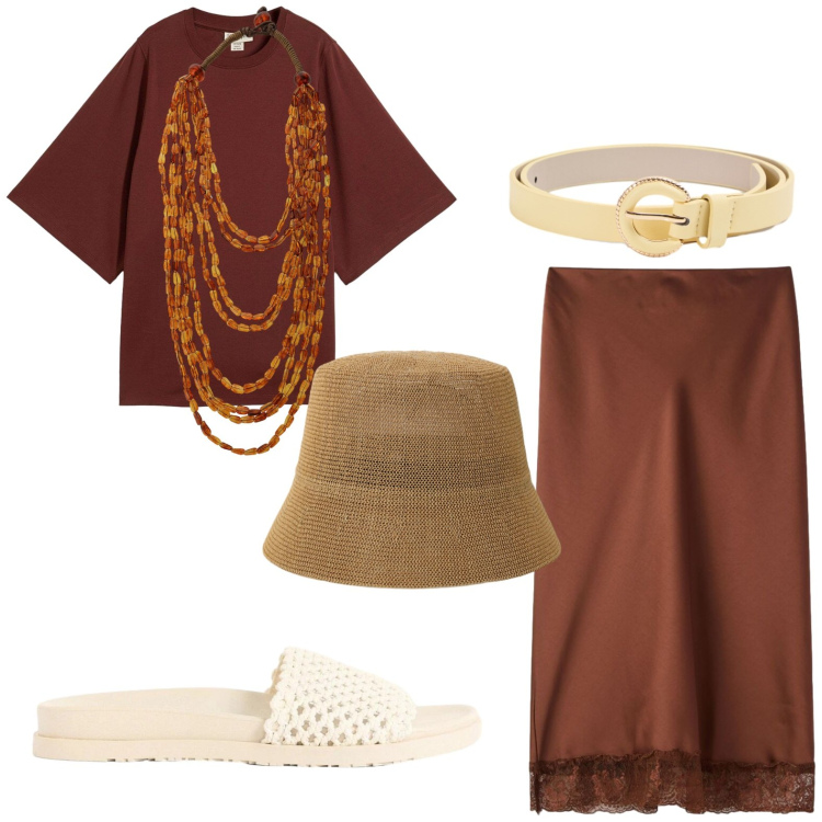 Outfit donna - Moka. Stile Casual per Tutti i giorni. Abbinamento con t-shirt, ciabatte, gonne longuette, cinture, collane, cappelli.