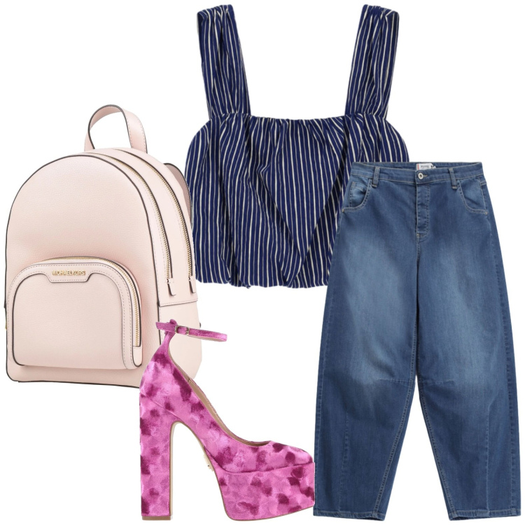 Outfit donna - Il top gessato. Stile Casual per Tutti i giorni. Abbinamento con zaini, décolleté, top, jeans.