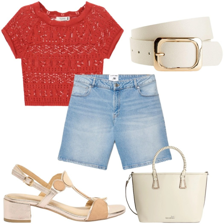 Outfit donna - Total look #2426871. Stile Bon Ton per Tutti i giorni. Abbinamento con cinture, sandali col tacco, shorts, shopping bag, top.