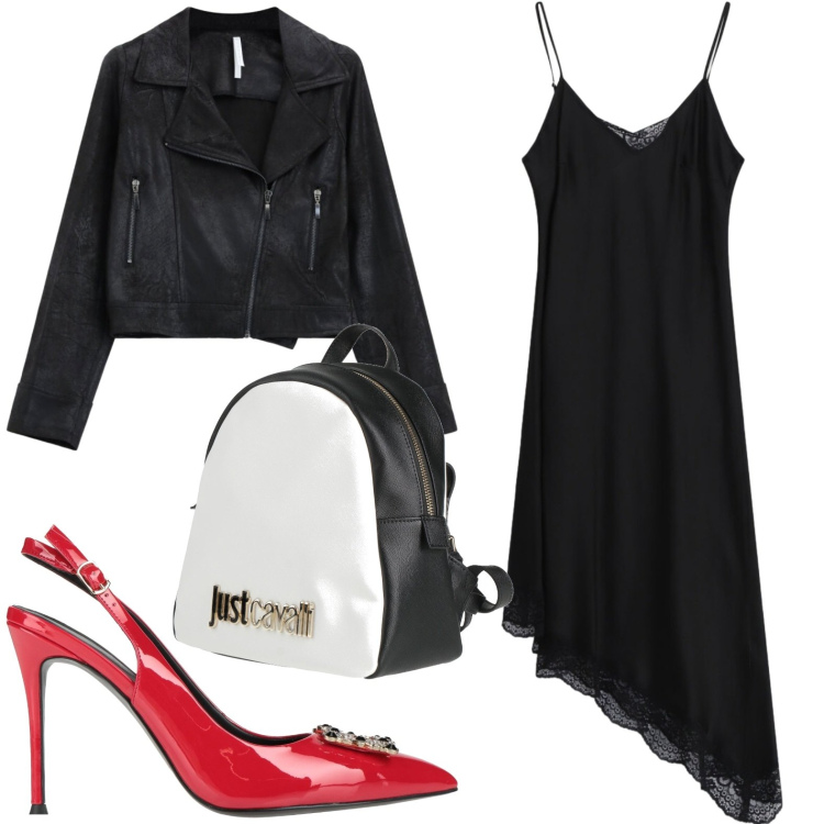 Outfit donna - Lo zaino bicolor. Stile Casual per Tutti i giorni. Abbinamento con décolleté, zaini, giacche, vestiti asimmetrici.