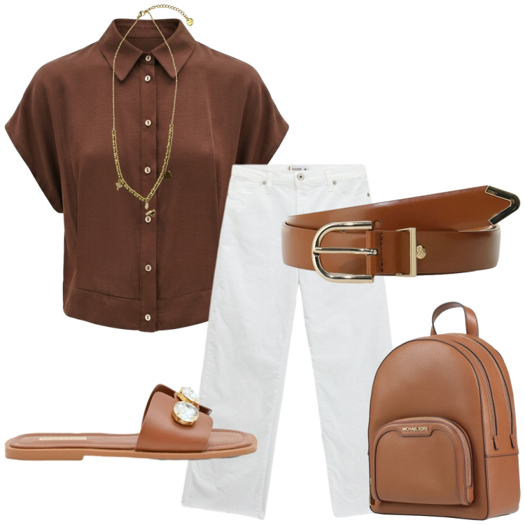 Outfit donna - Total look #2426888. Stile Casual chic per Ufficio. Abbinamento con zaini, sandali gioiello, camicie a manica corta, cinture, jeans, ciondoli.