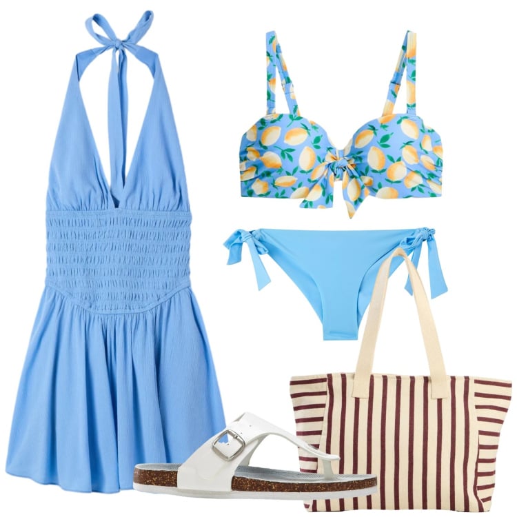 Outfit donna - Total look #2426893. Stile Glamour per Mare. Abbinamento con bikini, shopping bag, infradito, tuta corta, bikini.
