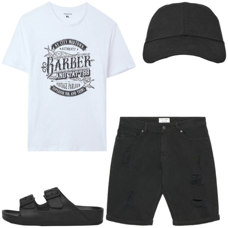 Outfit uomo - Total look #2426895. Stile Casual per Tutti i giorni. Abbinamento con t-shirt, cappelli con visiera, sandali, pantaloni corti.