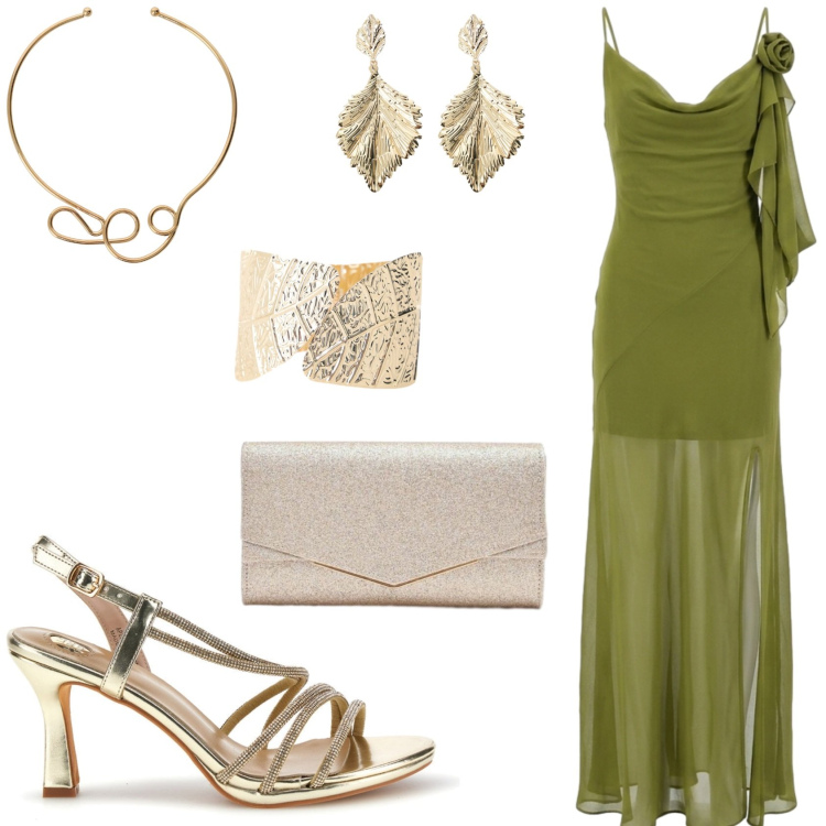 Outfit donna - Verde bosco e oro. Stile Trendy per Serata fuori. Abbinamento con clutch, collane, braccialetti, orecchini, vestiti lunghi, sandali col tacco.