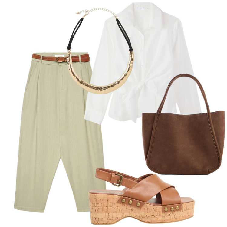 Outfit donna - Total look #2426901. Stile Casual chic per Ufficio. Abbinamento con shopping bag, zeppe, collane, camicie, pantaloni chino.