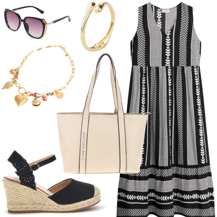 Outfit donna - L\'abito leggero perfetto per l\'estate. Stile Basic per Tutti i giorni. Abbinamento con occhiali da sole, vestiti lunghi, braccialetti, collane, zeppe, shopping bag.