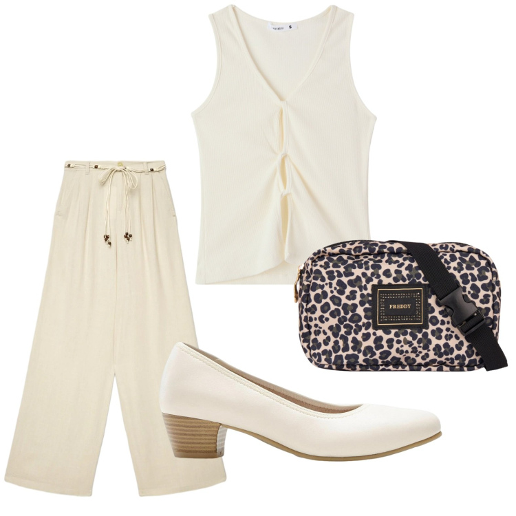 Outfit donna - Bianco estivo. Stile Glamour per Tutti i giorni. Abbinamento con décolleté, canottiere, pantaloni, marsupi.