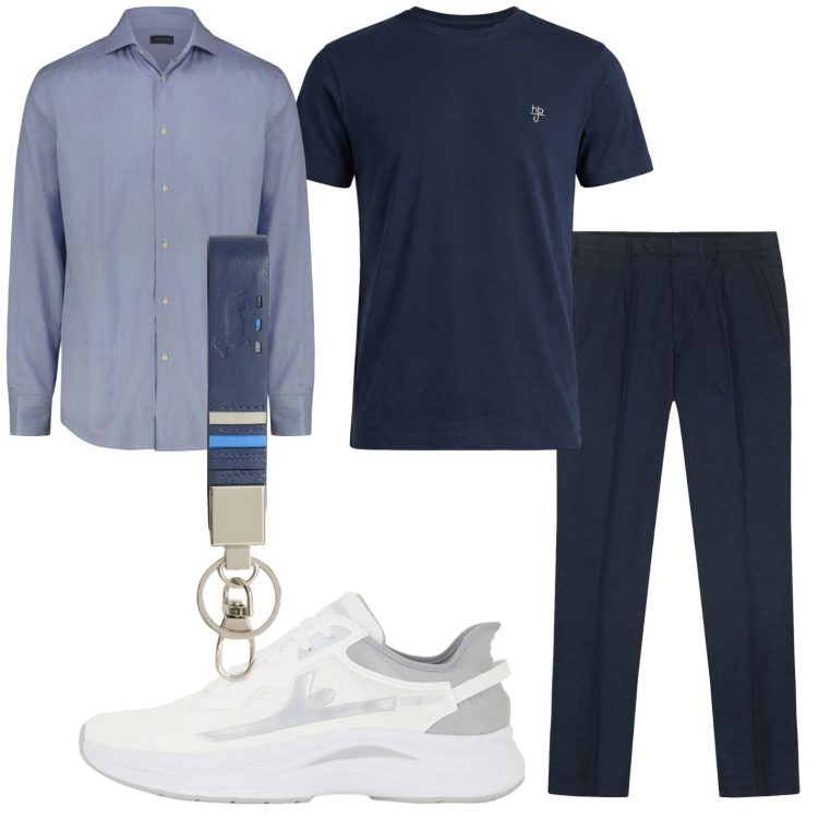 Outfit uomo - Prime notti d’estate. Stile Casual per Serata speciale. Abbinamento con t-shirt, portachiavi, sneakers, pantaloni, camicie.