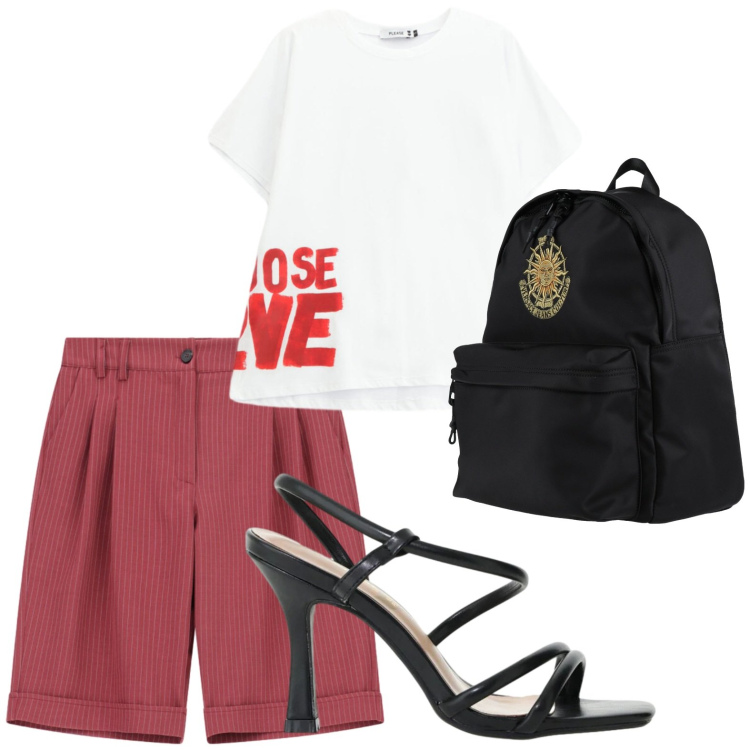Outfit donna - Casual. Stile Glamour per Tutti i giorni. Abbinamento con zaini, bermuda, t-shirt, sandali col tacco.