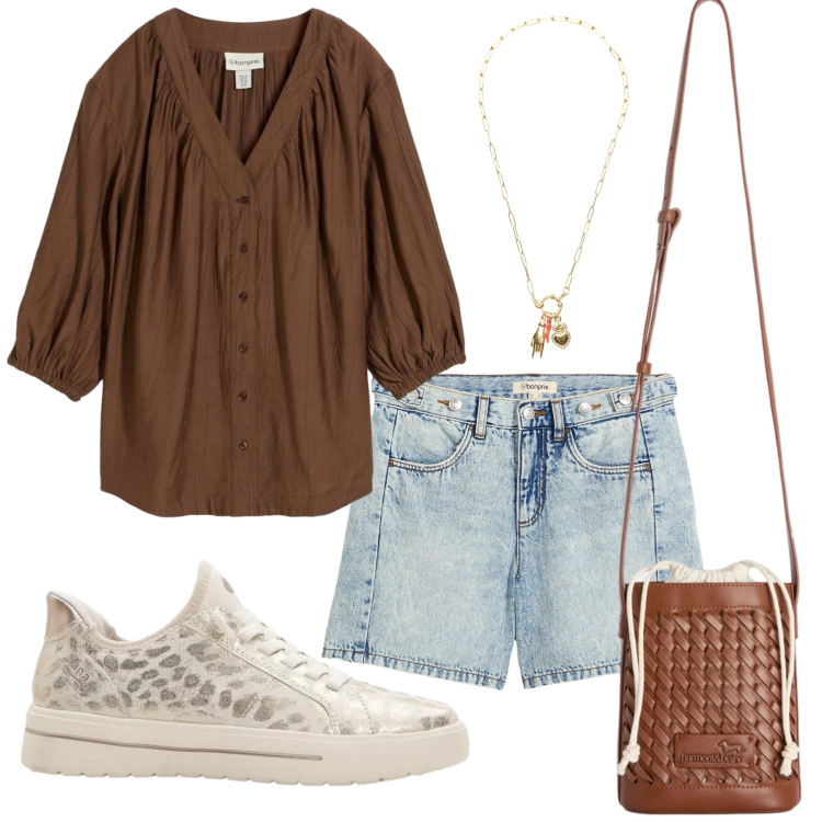 Outfit donna - Total look #2426908. Stile Trendy per Tutti i giorni. Abbinamento con bluse, shorts, sneakers, borse a secchiello, ciondoli.