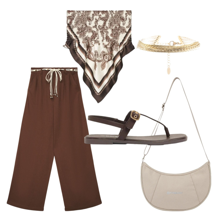 Outfit donna - Total look #2426909. Stile Etnico per Mare. Abbinamento con sandali, pantaloni, top, borse a spalla, braccialetti.