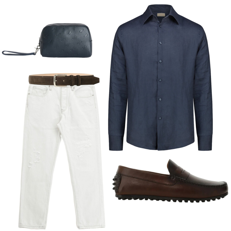 Outfit uomo - Serata aperitivo. Stile Trendy per Serata speciale. Abbinamento con borse sportive, camicie, scarpe stringate, jeans dritti, cinture.