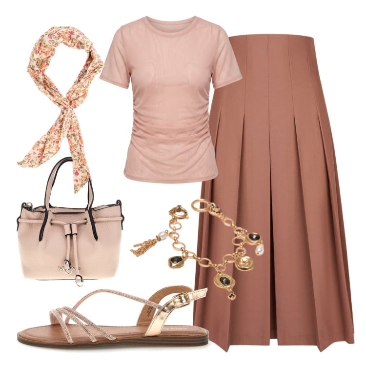 Outfit donna - Summer sale style. Stile Casual chic per Tutti i giorni. Abbinamento con braccialetti, foulard, t-shirt, gonne longuette, borse a spalla, sandali.