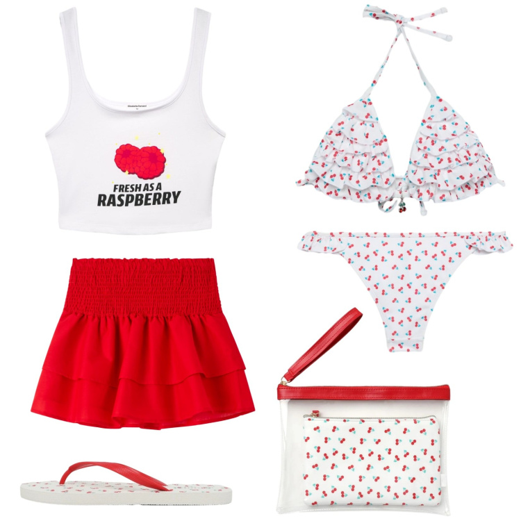 Outfit donna - Summer Essentials. Stile Romantica per Mare. Abbinamento con top, pochette, bikini, bikini, infradito, minigonne.