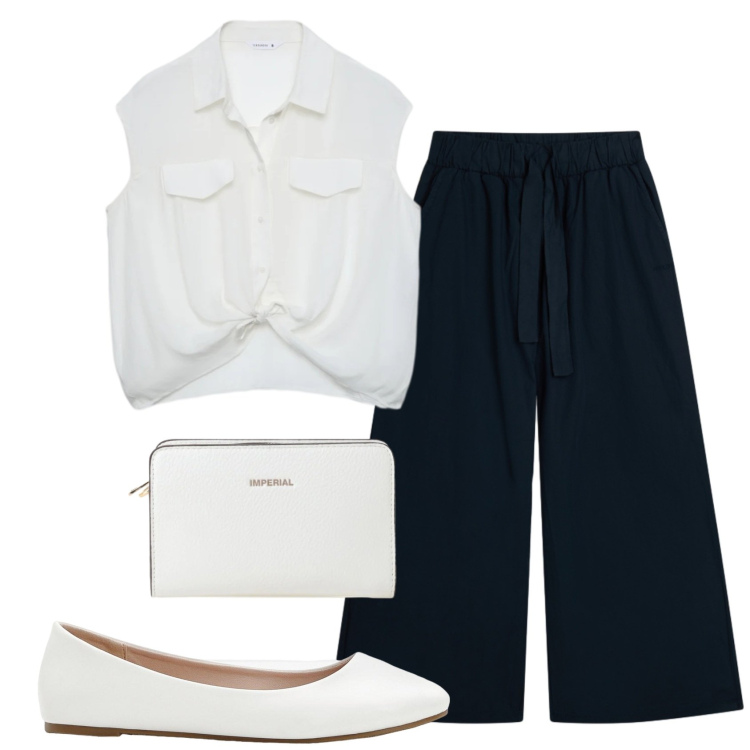 Outfit donna - Total look #2426924. Stile Bon Ton per Ufficio. Abbinamento con ballerine, camicie a manica corta, pantaloni, borse a tracolla.