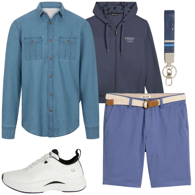 Outfit uomo - Total look #2426925. Stile Urban per Tutti i giorni. Abbinamento con bermuda, portachiavi, sneakers, felpe con cappuccio, camicie.