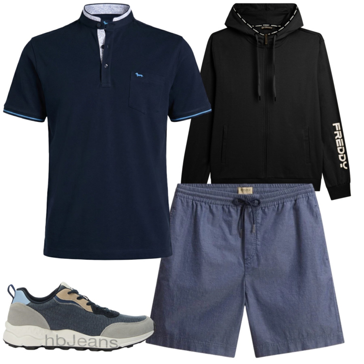 Outfit uomo - Total look #2426926. Stile Casual per Sport. Abbinamento con polo, sneakers, felpe con cappuccio, pantaloni corti.