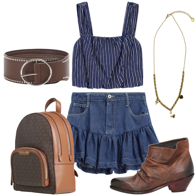 Outfit donna - Total look #2426927. Stile Trendy per Scuola/Università. Abbinamento con zaini, stivaletti texani, cinture, minigonne, top, ciondoli.