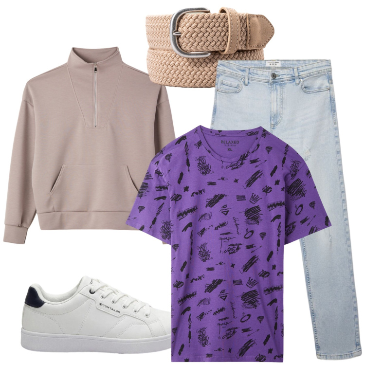 Outfit uomo - Total look #2426935. Stile Casual per Tutti i giorni. Abbinamento con sneakers, t-shirt, jeans strappati, felpe, cinture.