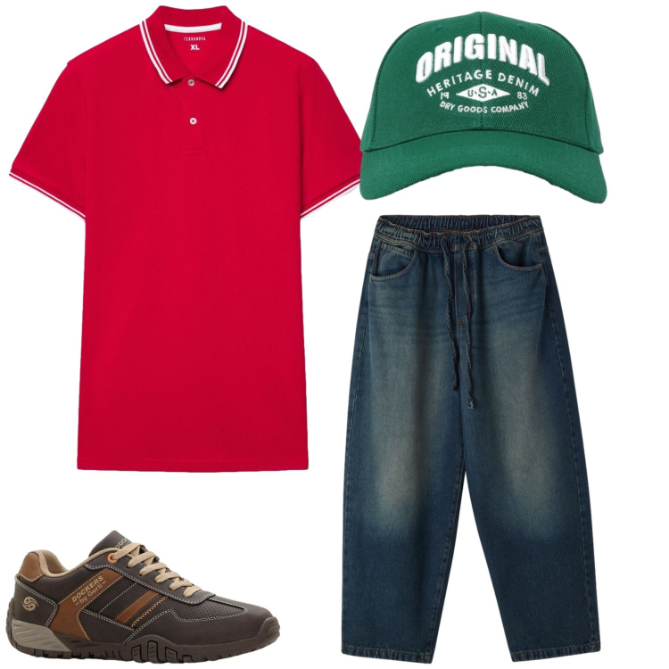Outfit uomo - Total look #2426936. Stile Casual per Tutti i giorni. Abbinamento con sneakers, cappelli con visiera, jeans, polo.