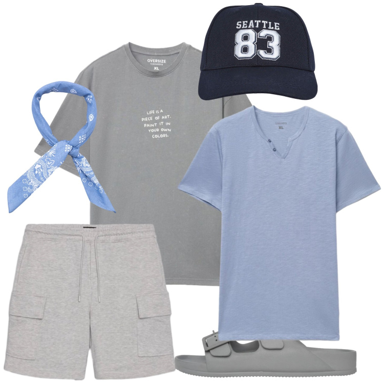 Outfit uomo - Total look #2426937. Stile Casual per Tutti i giorni. Abbinamento con bermuda, sandali, cappelli, t-shirt, t-shirt, sciarpe e foulard.