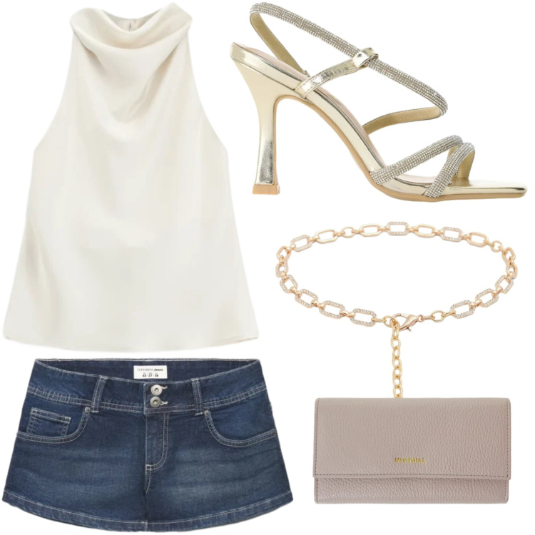 Outfit donna - L\'outfit conquistatore. Stile Casual chic per Serata fuori. Abbinamento con shorts, cinture, top, portafogli, sandali col tacco.