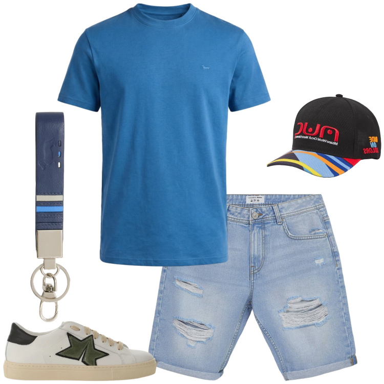 Outfit uomo - Total look #2426940. Stile Casual per Tutti i giorni. Abbinamento con portachiavi, t-shirt, cappelli con visiera, bermuda, sneakers.