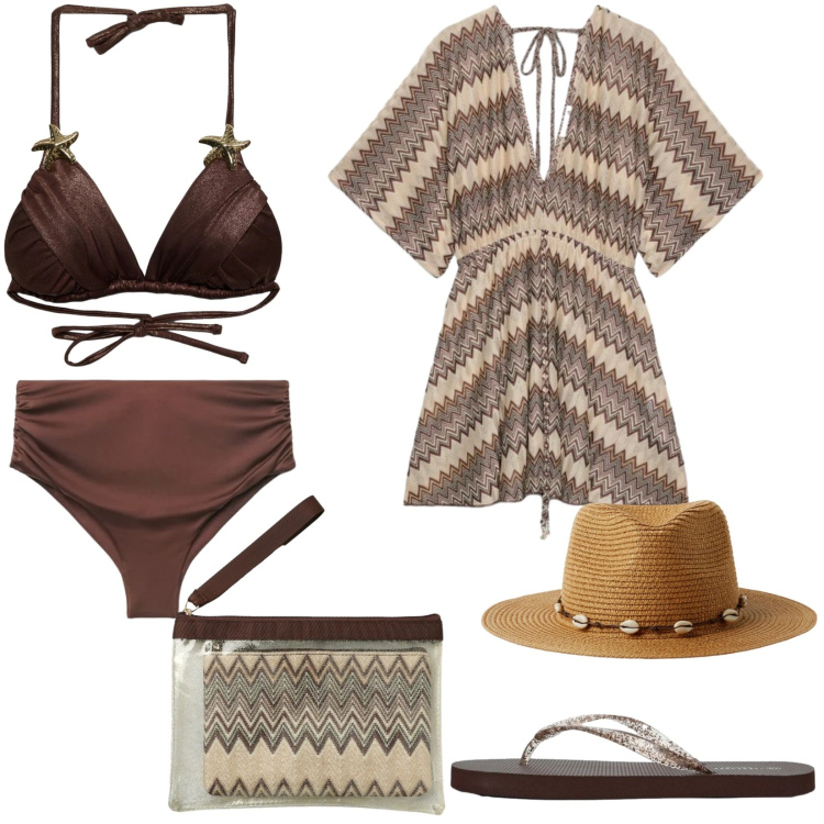 Outfit donna - Chic al mare. Stile Chic per Mare. Abbinamento con cappelli, pochette, infradito, bikini, bikini, caftani.