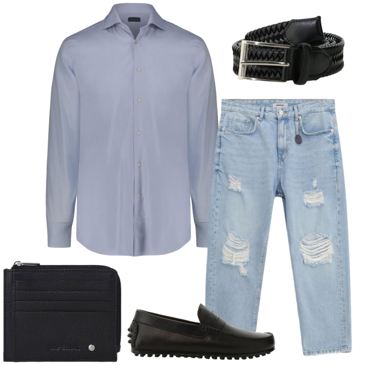 Outfit uomo - Total look #2426945. Stile Casual per Tutti i giorni. Abbinamento con camicie, jeans strappati, scarpe stringate, cinture, portafogli.