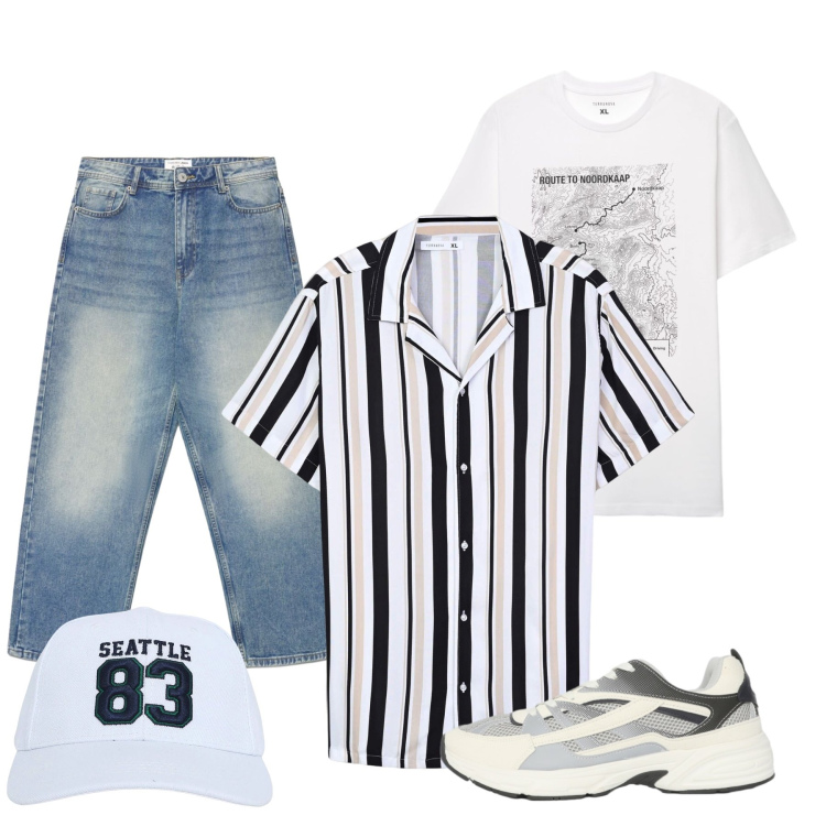 Outfit uomo - Total look #2426947. Stile Casual per Tutti i giorni. Abbinamento con cappelli, camicie a manica corta, sneakers, jeans dritti, t-shirt.