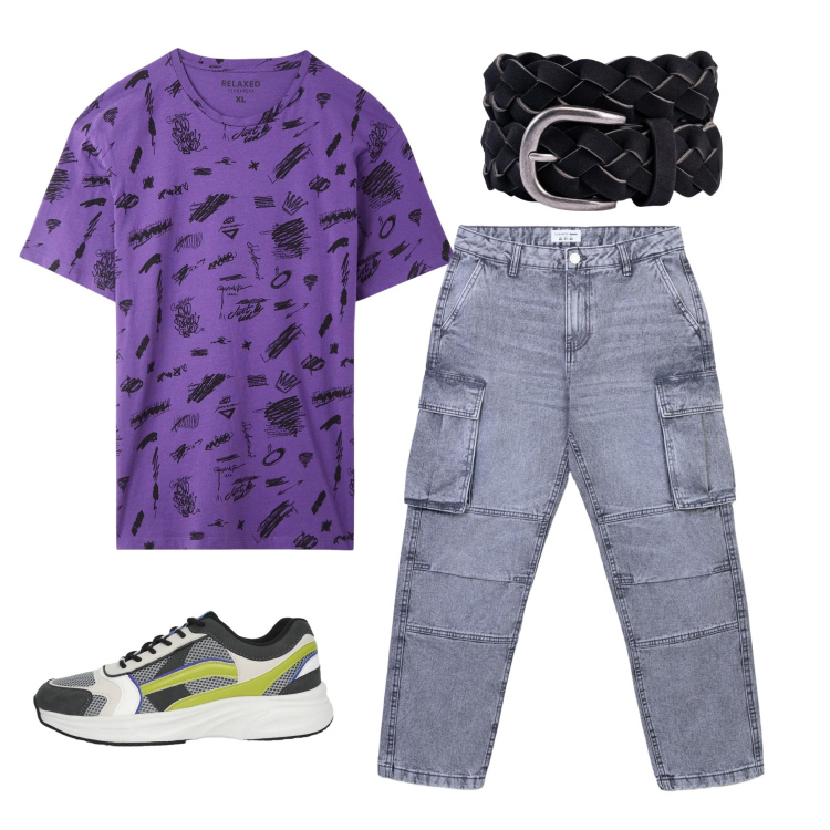 Outfit uomo - Viola Urbano: energia metropolitana. Stile Casual per Tutti i giorni. Abbinamento con t-shirt, jeans, sneakers, cinture.